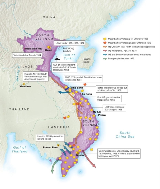   -The primary purpose of this map is to show that . A)  North and South Vietnam eventually reunited as one Communist nation B)  China changed the course of the war in Vietnam in a 20-year period C)  the United States spent over 20 years trying to defeat Communist forces in Vietnam D)  the Cold War spread beyond Southeast Asia because of the Vietnam War
