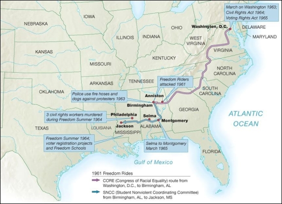 <strong> This map of civil rights milestones that took place between 1961 and 1965 shows that</strong> A) most demonstrations took place in the Deep South B) the Upper South had more violent reactions to civil rights workers than the Deep South C) major civil rights legislation was primarily written and adopted at the state level D) civil rights workers and volunteers were exclusively African American
