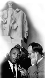 <strong> As can be seen in this photograph, what was significant about the setting in which speakers gave their speeches to the crowds at the March on Washington?</strong> A) It accentuated the irony of a nation that would honor only white men. B) It emphasized the comparative weakness of current presidents when compared to Lincoln. C) It underscored that President Lincoln's legacy was still unfulfilled 100 years later. D) It highlighted the great respect Martin Luther King Jr. had for Abraham Lincoln.