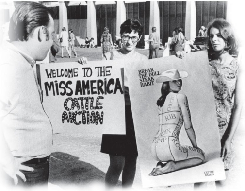   -What type of message did feminists picketing the 1968 Miss America Pageant intend to convey to the American public through the posters they were holding? A)  grotesque B)  violent C)  satirical D)  sympathetic