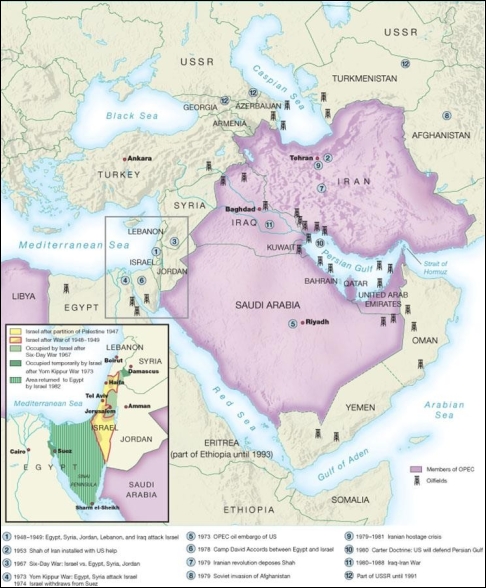   -This map of the Middle East reveals that . A)  the Persian Gulf and Strait of Hormuz had little relevance to American economic interests B)  the Middle East was still under the influence of European colonialism C)  U.S. dependence on Middle Eastern oil increased the importance of conflicts in this region for Americans D)  the Soviet Union expanded into the Middle East in order to secure its oil reserves