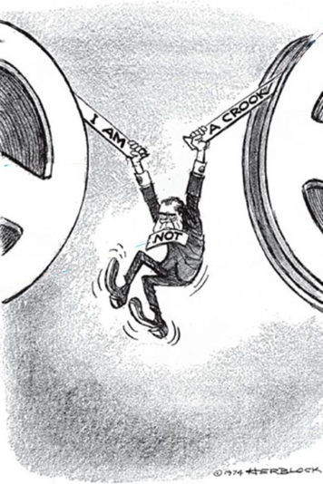   -The Herblock 1974 political cartoon Nixon Hanging Between the Tapes comments on the fact that President Nixon . A)  had many opponents intent on bringing him down B)  might have salvaged his career if he had kept quiet about Watergate C)  edited his tapes of White House conversations D)  had the right through executive privilege to withhold information regarding his activities