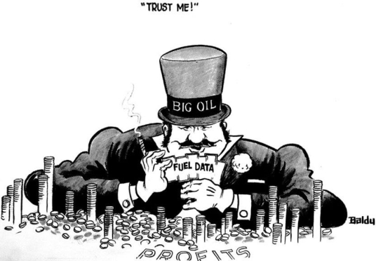 <strong> According to this caricature, big oil companies were accused of .</strong> A) lying about gas shortages to gouge customers B) using their private funds to save the oil industry C) gambling away gasoline profits by making unwise investment decisions D) paying Middle Eastern nations exorbitantly high amounts of money for oil