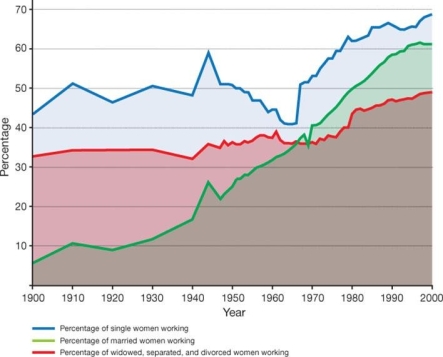 <strong> The chart Women and Work, 1900-2000 implies that the steady increase of women in the workforce after 1970 was due largely to .</strong> A) the resolution of racial and ethnic prejudice and rising divorce rates B) affordable day care services and comparable salaries to working men C) changing attitudes about married women in the workforce and declining birthrates D) the development of new appliances and passage of the Equal Rights Amendment