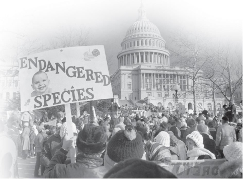   -This image of pro-life demonstrators represents what aspect of the conflict over abortion? A)  the conflict between Congress and the Reagan administration B)  the conflict between the will of the majority and the law of the land C)  the conflict between the rights of women and those of the unborn D)  the conflict between feminists and environmentalists