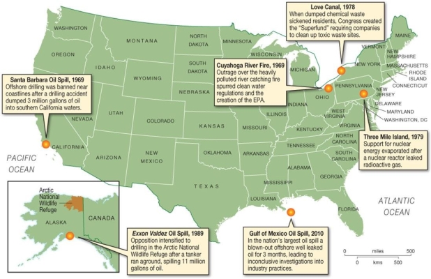   -What common factor did all of the environmental disasters shown on this map share? A)  They were isolated incidents occurring either in the Northeast or the West. B)  They were all caused by the oil industry. C)  They were not covered adequately by the media. D)  They were all man-made disasters.