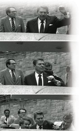 <strong> What did these photographs taken by news photographer Ron Edmonds during Ronald Reagan's attempted assassination by John Hinckley on March 30, 1981, fail to show the public?</strong> A) that Reagan was unaware that shots had been fired B) that Reagan's gunshot wound was actually life-threatening C) that the Secret Service did not do a good job in protecting the president D) that the assassination attempt took place in a foreign country