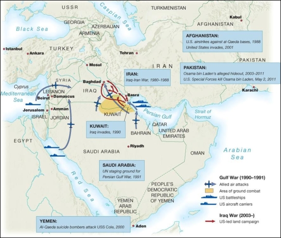   -The actions taken by the United States in the Persian Gulf War of 1990-1991 and the Iraq War that began in 2003 and are shown on this map were justified through the Doctrine. A)  Truman B)  Powell C)  Carter D)  Nixon