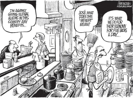 <strong> What assumption would someone on the political left make about Brian Fairrington's cartoon on immigration to the United States?</strong> A) that immigrants contributed to overall prosperity by working for very little B) that immigrants are ignorant of the workings of the U.S. government C) that immigrants drained the economy by seeking taxpayer-funded social services D) that most immigrants tended to assimilate quickly into American society