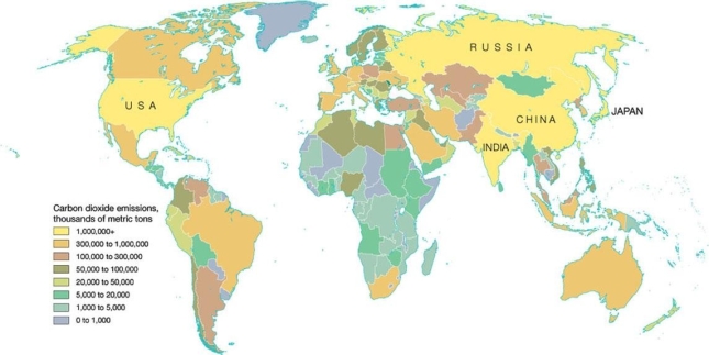   -What conclusion can be made from this 2007 map showing global carbon dioxide emissions? A)  Americans owned few sport-utility vehicles (SUVs) . B)  Developing African nations had few cars or heavy industry. C)  Greenhouse gases had a greater detrimental effect in Europe rather than in Asia. D)  Sea levels throughout the world were falling.