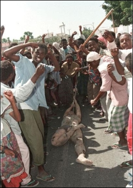     -How did these contrasting images from the early 1990s of a starving Somali woman and her child and of Somali rebels dragging the corpse of an American soldier through the streets of Mogadishu, Somalia, impact the American public's perception of African nations like Somalia? A)  Both images caused the United States to appeal to the United Nations to send aid and peacekeeping forces to Somalia. B)  Both images convinced President Clinton to submit to the public demand of withdrawing American troops from Somalia. C)  Both images encouraged Americans to view African nations as dysfunctional places where famine and fighting were endemic. D)  Both images rallied popular support for aiding the poor in East Africa, prompting President George H. W. Bush to send American troops to Somalia.