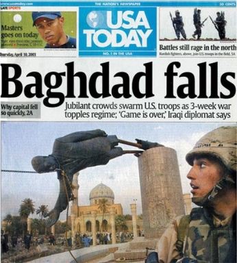 <strong> What paradoxical information was revealed through this April 10, 2003, photograph of Iraqi citizens enlisting the aid of U.S. Marines to pull down a statue of Saddam Hussein in Baghdad?</strong> A) The event showed that, although Iraqis were against Saddam, they immediately replaced him with another dictator. B) The event revealed that the same soldiers who helped the crowd pull down Saddam's statue later tortured these civilians. C) The event showed the Iraqi public's commitment to democracy although the war lasted for another eight years. D) The event was initially seen as being emblematic of success in Iraq but was later revealed to be have been staged so that the press had a positive image of the war.