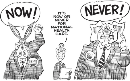 <strong> Which best characterizes how this cartoon portrays recent political debate over domestic issues such as health care through the Affordable Care Act?</strong> A) as tending toward cooperation B) as fixed in stalemate C) as engaged but harmonious D) as dominated by special interests