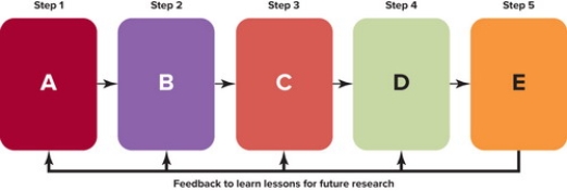   Figure 8-1 -According to Figure 8-1 above, what does D represent in the marketing research process? A)  Define the problem. B)  Develop the research plan. C)  Develop findings. D)  Collect relevant information. E)  Take marketing actions
