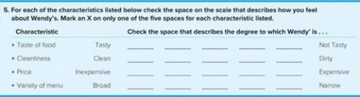   Figure 8-4  -Consider Figure 8-4  above, which was part of a Wendy's survey that assessed fast-food restaurant preferences among present and prospective consumers. Question 5 illustrates which type of question format? A)  dichotomous B)  open-ended C)  Likert scale D)  semantic differential scale E)  attitudinal