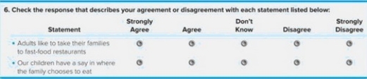   Figure 8-4  -Consider Figure 8-4  above, which was part of a Wendy's survey that assessed fast-food restaurant preferences among present and prospective consumers. Question 6 illustrates which type of question format? A)  dichotomous B)  open-ended C)  Likert D)  attitudinal E)  semantic differential