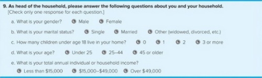   Figure 8-4  -Consider Figure 8-4  above, which was part of a Wendy's survey that assessed fast-food restaurant preferences among present and prospective consumers. Which of the following statements most likely explains why Question 9 was included in the questionnaire? A)  Wendy's wanted to know if children eat at its restaurants. B)  Wendy's wanted to know why people have children under age 18 living at home. C)  Wendy's can use these personal and household demographic characteristics to segment the fast-food market. D)  Wendy's wants to know how much people earn so it knows whether it should take credit cards for purchases. E)  Wendy's wanted to send these respondents coupons for the products that would appeal to them most.