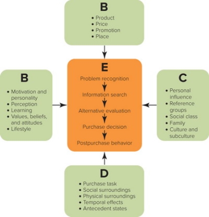   Figure 5-5 -In Figure 5-5 above, E represents the A)  consumer purchase decision process. B)  consumer communication model. C)  marketing research process. D)  marketing program. E)  consumption strategy model.