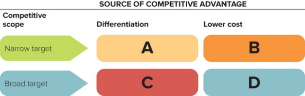   Figure 22-3 -In the generic business strategies shown in Figure 22-3 above, Box B refers to a ________ strategy. A)  cost leadership B)  quality focus C)  differentiation focus D)  cost focus E)  differentiation