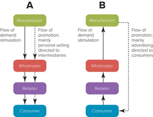   Figure 18-5 -Channel B in Figure 18-5 above represents which type of promotional channel strategy? A)  direct B)  indirect C)  push D)  pull E)  vertical