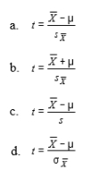 The formula for the one-sample t test is.    <div style=padding-top: 35px> 