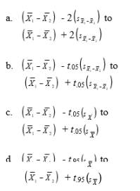 The 95 percent confidence interval for the difference between two independent population means is given by.