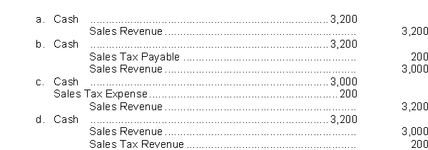A cash register tape shows cash sales of $3,000 and sales taxes of $200.The journal entry to record this information is  
