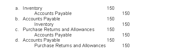 Turner Corporation returned $150 of goods originally purchased on credit from Morgan Industries.Using the periodic Inventory approach, Turner would record this transaction as:  