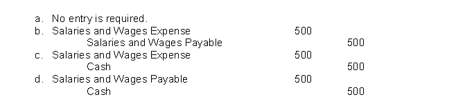 Jill Clown earned a salary of $500 for the last week of October.She will be paid on November 1.The adjusting entry for Jill's employer October 31 is:  
