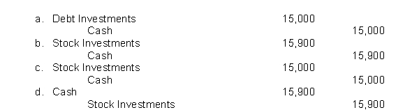 CGS Corporation makes an investment in 300 shares of Bama Company's common stock.The stock is purchased for $53 a share.The entry for the purchase is:  