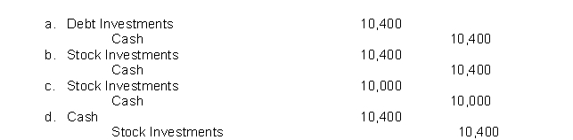 Gulf Coast Corporation makes an investment in 200 shares of Eta Company's common stock.The stock is purchased for $52 a share.The entry for the purchase is  