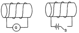 Two solenoids are close to each other, as shown in the figure, with the switch S open. When the switch is suddenly closed, which way will the induced current flow through the galvanometer in the left-hand solenoid?   A) from left to right B) from right to left C) There will be no induced current through the galvanometer.