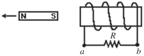 <strong>In the figure, a bar magnet moves away from the solenoid. The direction of the induced current through the resistor R is  </strong> A)from a to b. B)from b to a. C)No current is induced. <div style=padding-top: 35px> 