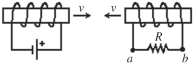 <strong>As shown in the figure, a battery supplies a steady current to the solenoid on the left. The two solenoids are moving toward each other with speeds v. The direction of the induced current through the resistor R is  </strong> A)from a to b. B)from b to a. C)No current is induced. <div style=padding-top: 35px> 
