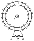 <strong>As shown in the figure, a straight wire carries a current I into the page. The wire passes through the center of a toroidal coil. If the current I is quickly reduced to zero, the direction of the induced current through the resistor R is  </strong> A)from a to b. B)from b to a. C)No current is induced. <div style=padding-top: 35px> 
