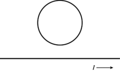 A circular wire ring is situated above a long straight wire, as shown in the figure. The straight wire has a current I flowing to the right, and this current is increasing at a constant rate. Which of the following statements is true?   A) There is an induced current in the wire ring, directed in clockwise orientation. B) There is an induced current in the wire ring, directed in a counterclockwise orientation. C) There is no induced current in the wire ring.