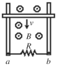 <strong>As shown in the figure, a metal bar is in contact with a pair of metal parallel rails. A steady uniform magnetic field B, perpendicular to the plane of the rails and pointing outward from the page, is present. The bar is in downward motion with velocity of magnitude ν. The direction of the induced current through the resistor R is  </strong> A)from a to b. B)from b to a. C)No current is induced. <div style=padding-top: 35px> 