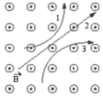 Three particles travel through a region of space where the magnetic field is out of the page, as shown in the figure. What are the signs of the charges of these three particles?   A) 1 is neutral, 2 is negative, and 3 is positive. B) 1 is neutral, 2 is positive, and 3 is negative. C) 1 is positive, 2 is neutral, and 3 is negative. D) 1 is positive, 2 is negative, and 3 is neutral. E) 1 is negative, 2 is neutral, and 3 is positive.