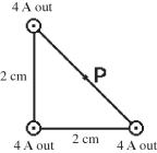 Three very long, straight, parallel wires each carry currents of 4.0 A, directed out of the page as shown in the figure. These wires pass through the vertices of a right isosceles triangle as shown. Assume that all the quantities shown in the figure are accurate to two significant figures. What is the magnitude of the magnetic field at point P at the midpoint of the hypotenuse of the triangle? (μ<sub>0</sub> = 4π × 10<sup>-7</sup> T ∙ m/A)    A) 4.4 µT B) 18 µT C) 57 µT D) 130 µT E) 1.8 µT