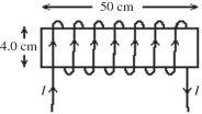  An ideal solenoid is wound with 470 turns on a wooden form that is 4.0 cm in diameter and 50 cm long. The windings carry a current in the sense shown in the figure. The current produces a magnetic field of magnitude  4.1 \mathrm { mT } \text {, }  at the center of the solenoid. What is the current I in the solenoid windings? (?<sub>0</sub> = 4? × 10<sup>-7</sup> T ? m/A)    A) 3.5 A B) 3.0 A C) 2.6 A D) 4.3 A E) 3.9 A 