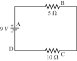 A 9-V battery is hooked up to two resistors in series using wires of negligible resistance. One has a resistance of 5 Ω, and the other has a resistance of 10 Ω. Several locations along the circuit are marked with letters, as shown in the figure. Which statements about this circuit are true? (There could be more than one correct choice.)    A) The current is exactly the same at points A, B, C, and D. B) The current at A is greater than the current at B, which is equal to the current at C, which is greater than the current at D. C) The current at A is greater than the current at B, which is greater than the current at C, which is greater than the current at D. D) The potential at B is equal to the potential at C. E) The potential at D is equal to the potential at C.