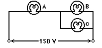 <strong>Three light bulbs, A, B, and C, have electrical ratings as follows: Bulb A: 96.0 W, 1.70 A Bulb B: 80.0 V, 205 W Bulb C: 120 V, 0.400 A These three bulbs are connected in a circuit across a 150-V voltage power source, as shown in the figure. Assume that the filament resistances of the light bulbs are constant and independent of operating conditions. What is the equivalent resistance of this combination of bulbs between the terminals of the power source? </strong> A)61.5 Ω B)15.3 Ω C)74.0 Ω D)86.2 Ω E)364 Ω