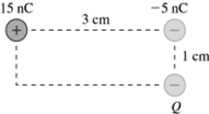 As shown in the figure, three charges are at corners of a rectangle. The charge in the bottom right corner is Q = - 90 nC, and all the other quantities are accurate to two significant figures. What is the magnitude of the net electrical force on Q due to the other two charges? (k = 1/4πε<sub>0</sub> = 9.0 × 10<sup>9</sup> N ∙ m<sup>2</sup>/C<sup>2</sup>)    A) 3.8 × 10<sup>-2</sup> N B) 2.8 × 10<sup>-2</sup> N C) 5.3 × 10<sup>-2</sup> N D) 7.1 × 10<sup>-2</sup> N