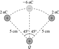 As shown in the figure, three small charges are equally spaced on the arc of a circle that is centered at the charge Q, where Q = +23 nC and all the other quantities are accurate to two significant figures. What is the magnitude of the net electric force on the charge Q due to the other three charges? (k = 1/4πε<sub>0</sub> = 9.0 × 10<sup>9</sup> N ∙ m<sup>2</sup>/C<sup>2</sup>)    A) 2.6 × 10<sup>-4</sup> N B) 1.7 × 10<sup>-4</sup> N C) 2.1 × 10<sup>-4</sup> N D) 3.1 × 10<sup>-4</sup> N