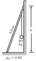 <strong>A 40-kg uniform ladder that is 5.0 m long is placed against a smooth wall at a height of h = 4.0 m, as shown in the figure. The base of the ladder rests on a rough horizontal surface whose coefficient of static friction with the ladder is 0.40. An 80-kg bucket is suspended from the top rung of the ladder, just at the wall. What is the magnitude of the force that the ladder exerts on the wall? </strong> A)740 N B)1300 N C)980 N D)900 N E)1100 N