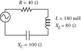 An ac circuit is shown in the figure. The rms current in the circuit is measured to be 1.8 A. What is the capacitance of the capacitor?   A)  23 μF B)  24 μF C)  21 μF D)  19 μF E)  18 μF