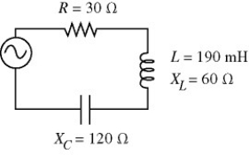 An ac circuit is shown in the figure. The rms current in the circuit is 1.3 A. What is the peak magnetic energy in the inductance?   A)  0.32 J B)  0.16 J C)  0.48 J D)  0.64 J E)  0.80 J