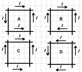 The figure shows four different sets of insulated wires that cross each other at right angles without actually making electrical contact. The magnitude of the current is the same in all the wires, and the directions of current flow are as indicated. For which (if any)  configuration will the magnetic field at the center of the square formed by the wires be equal to zero?   A)  A B)  B C)  C D)  D E)  The field is not equal to zero in any of these cases.