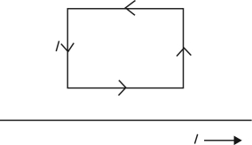 A long straight conductor has a constant current flowing to the right. A wire rectangle is situated above the wire, and also has a constant current flowing through it (as shown in the figure) . Which of the following statements is true?   A)  The net magnetic force on the wire rectangle is upward, and there is also a net torque on the it. B)  The net magnetic force on the wire rectangle is zero, and the net torque on it is zero. C)  The net magnetic force on the wire rectangle is downward, and there is also a net torque on the it. D)  The net magnetic force on the wire rectangle is zero, but there is a net torque on it. E)  The net magnetic force on the wire rectangle is downward, and the net torque on it is zero.