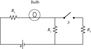 A light bulb is connected in the circuit shown in the figure with the switch S open. All the connecting leads have no appreciable resistance and the battery has no internal resistance. When we close the switch, which statements below accurately describe the behavior of the circuit? (There may be more than one correct choice.)    A)  The brightness of the bulb will increase. B)  The brightness of the bulb will decrease. C)  The brightness of the bulb will not change. D)  The potential drop across R<sub>2</sub> will decrease. E)  The potential drop across R<sub>2</sub> will not change.